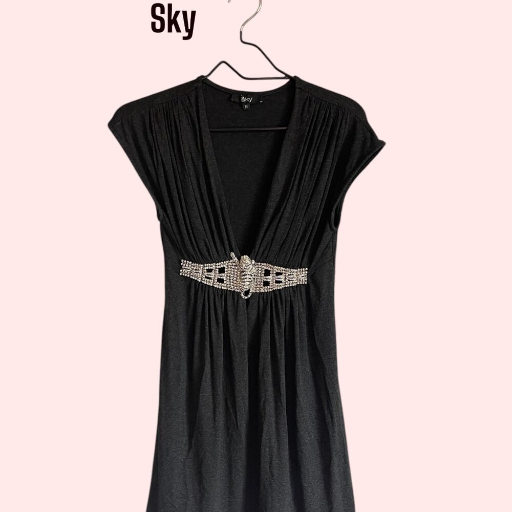 SKY Vintage Jeweled Tiger Tunic Heather Black Size M Embellished Glam EUC